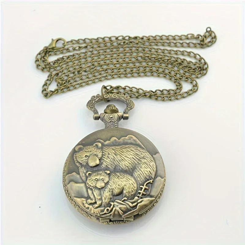 Bear Embossed Quartz Pocket Watch Retro Vintage Animal Analog Necklace Chain Watch For Women Men Christmas Father's Day Gift