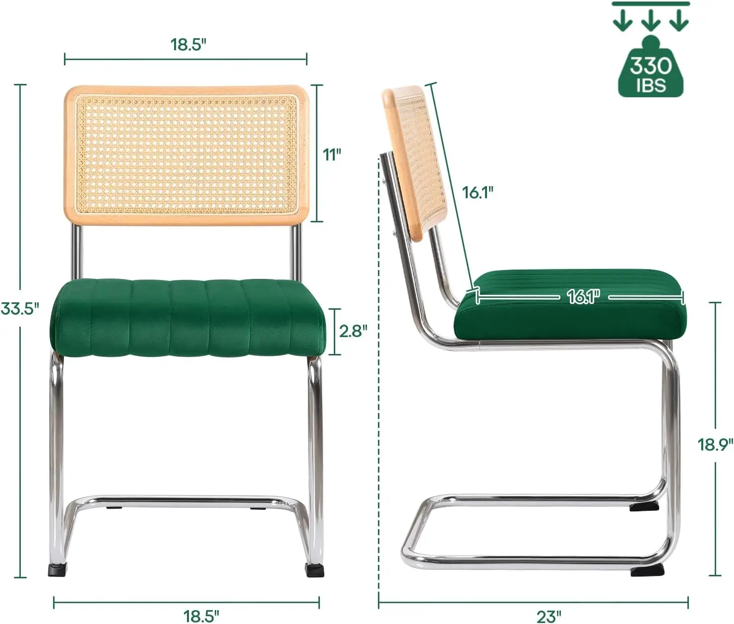 Mid Century Modern Dining Chairs Set of 2. Rattan. Cane Back. Metal Legs. Velvet Upholstered. Armless. Green.