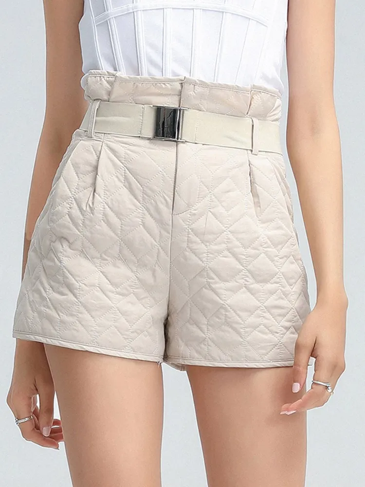 KBQ Spliced Belt Solid Short Trousers For Women High Waist Slimming Casual Straight Leg Shorts Female Fashion 2023 Clothing New