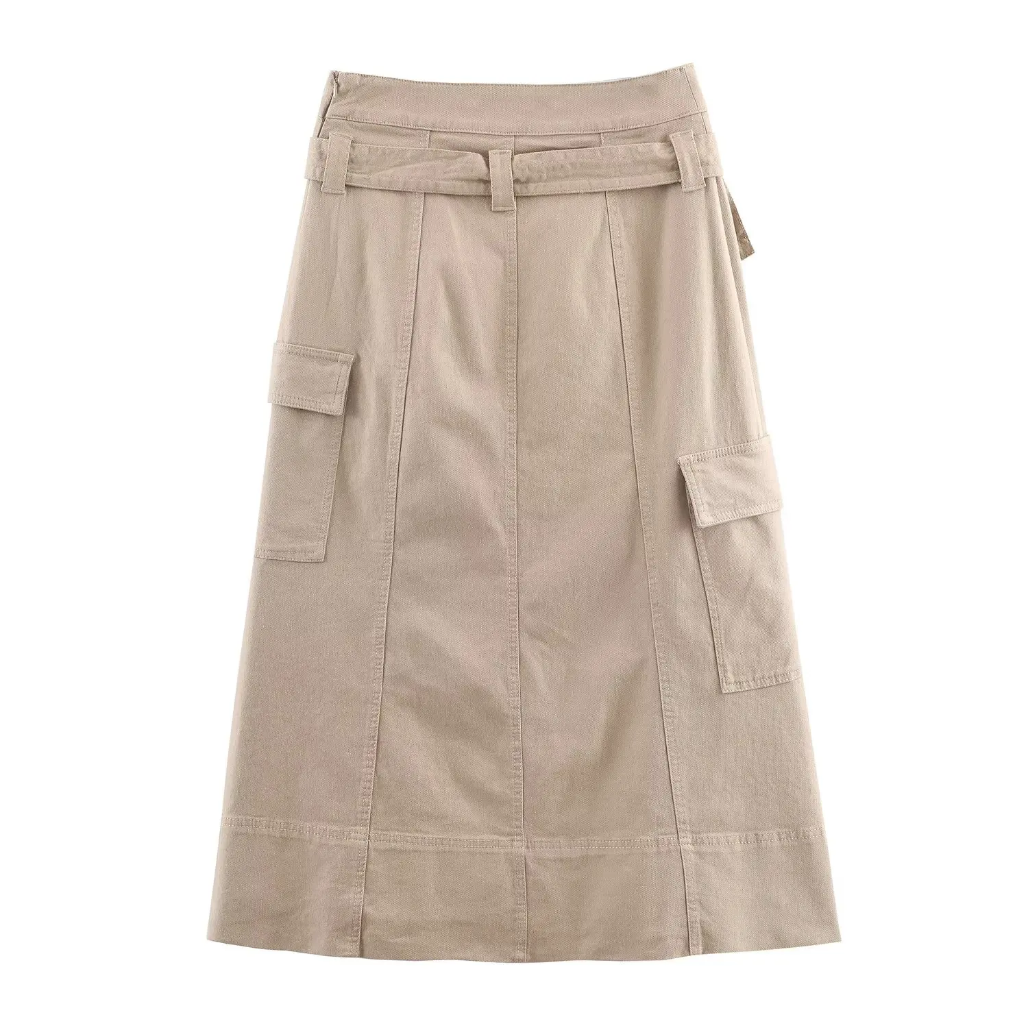 Women Khaki Half Skirt Workwear Style Chic High Waisted Half Skirt With Belt And Pockets Fashion Casual Lady High Street Skirts