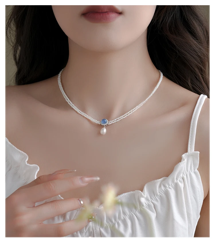 Natural Aquamarine Pearl Necklace For Women 2024 New Clavicle Double Layer Chain Pendant Jewelry Gift