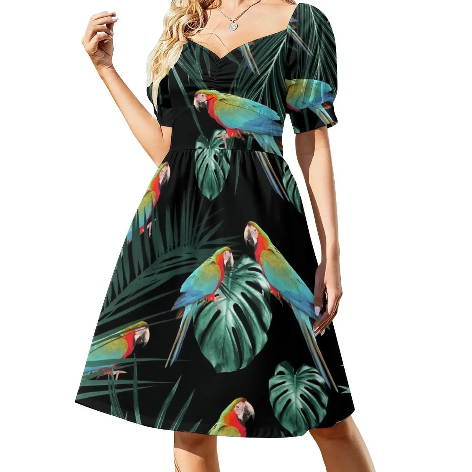 Loros en la selva tropical Noche #2 #tropical #decoración #arte Vestido de manga corta Vestidos para vestido de fiesta de boda