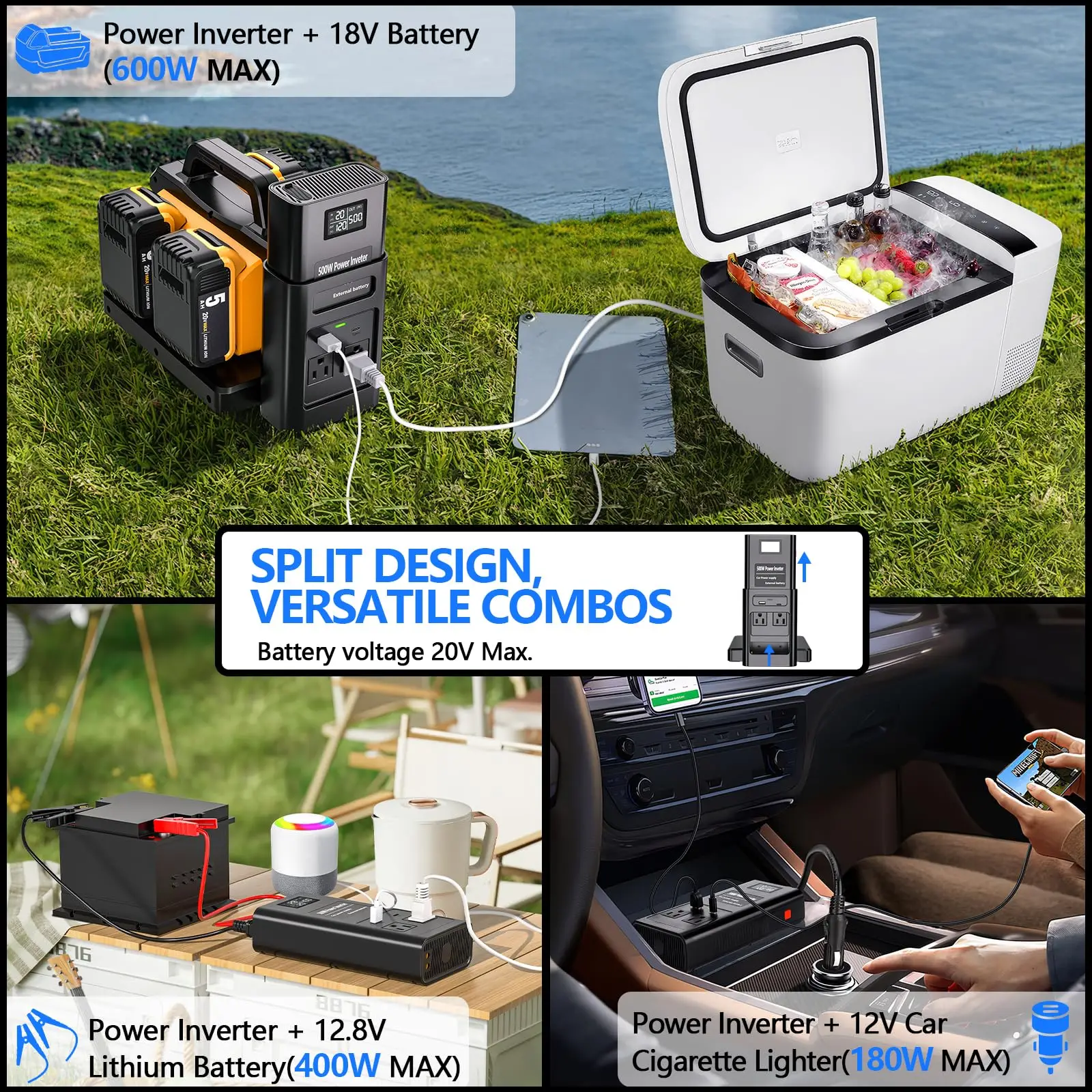 500W Pure Sine Wave Power Inverter 2 in 1 Battery Charger for DeWalt 20V Battery