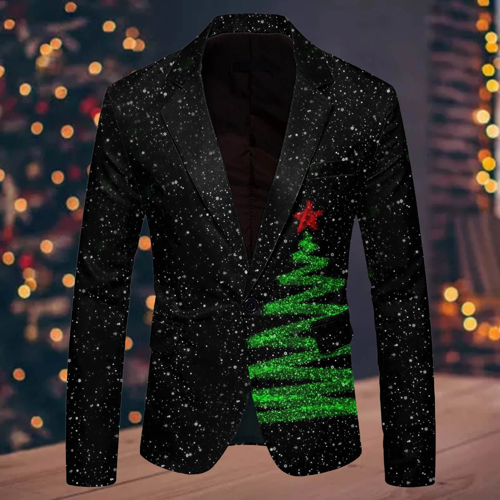 Men'S Single One Button Christmas Printed Casual Suit Jacket Fashionable Mens Fashion Leisure Christmas Printed Pocket Suit