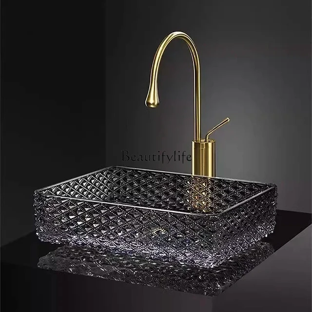 อ่างล้างหน้าแบบวางบนเคาน์เตอร์ ดีไซน์โปร่งใสลายนูน สำหรับห้องน้ำ อ่างแก้วดีไซน์สร้างสรรค์ สไตล์นอร์ดิก รูปทรงสี่เหลี่ยมผืนผ้า 4