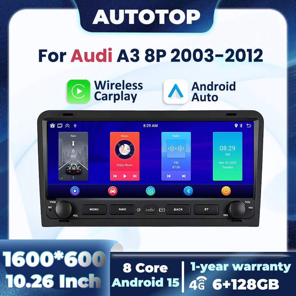 Radio para Auto con CarPlay y Android Auto Inalámbrico de 10.26 Pulgadas y 1600*600P para Audi A3 8P S3 2003-2012, GPS, Navegación Estéreo, Multimedia, 4G, 8 Núcleos, BT, RDS, DSP 1