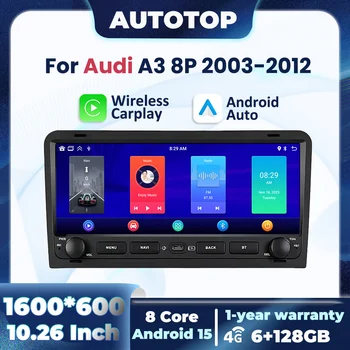 Radio para Auto con CarPlay y Android Auto Inalámbrico de 10.26 Pulgadas y 1600*600P para Audi A3 8P S3 2003-2012, GPS, Navegación Estéreo, Multimedia, 4G, 8 Núcleos, BT, RDS, DSP 1