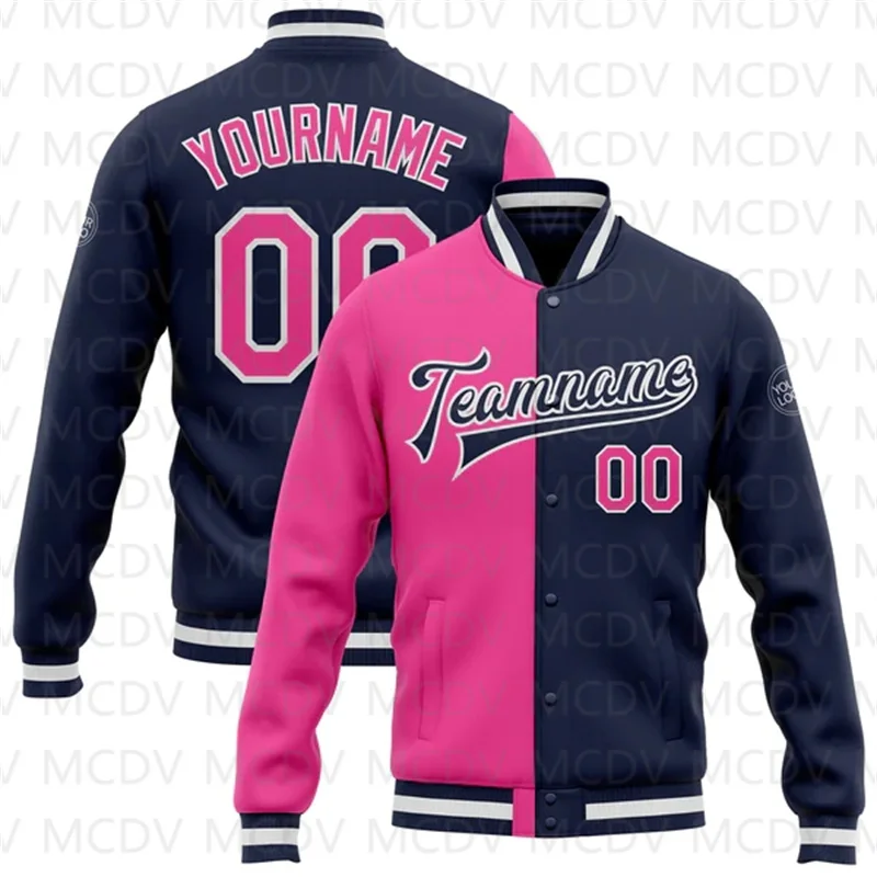 

Custom Navy Pink-White Bomber Full-Snap Varsity Letterman Split Fashion Jacket
