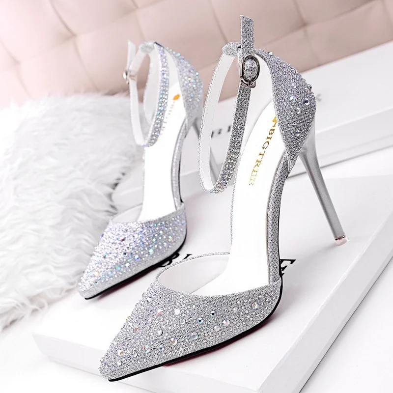Luxury Brand High-heeled Shoes Woman Sandal Bling Sparkling Rhinestones Shallow Mouth Fingertip Scarf Word Sweet Princess Shoes