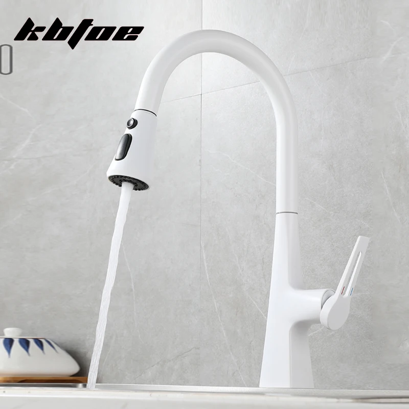 

White Kitchen Faucet Pull Out Stream Sprayer Hot Cold Water Sink Taps Brass 3 Modes Single Handle Mixer Wash Deck Mounted Crane