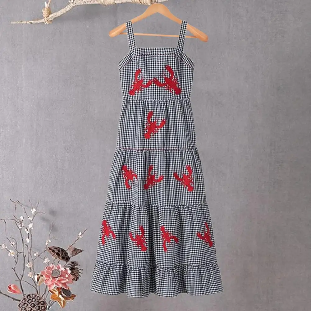 

Lightweight Pleated Long Dress Embroidered Lobster Plaid Midi Dress for Summer Vacation A-line Style with Square Neck Loose Hem