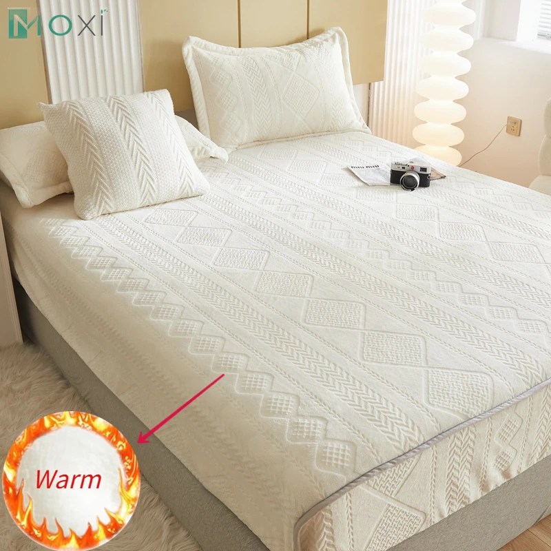 

Warm Milk Velvet Bed Sheet Style Thick Comfort Mattress Cover Single Queen King Size Elastic Band Fixed Mattress Protector Decor