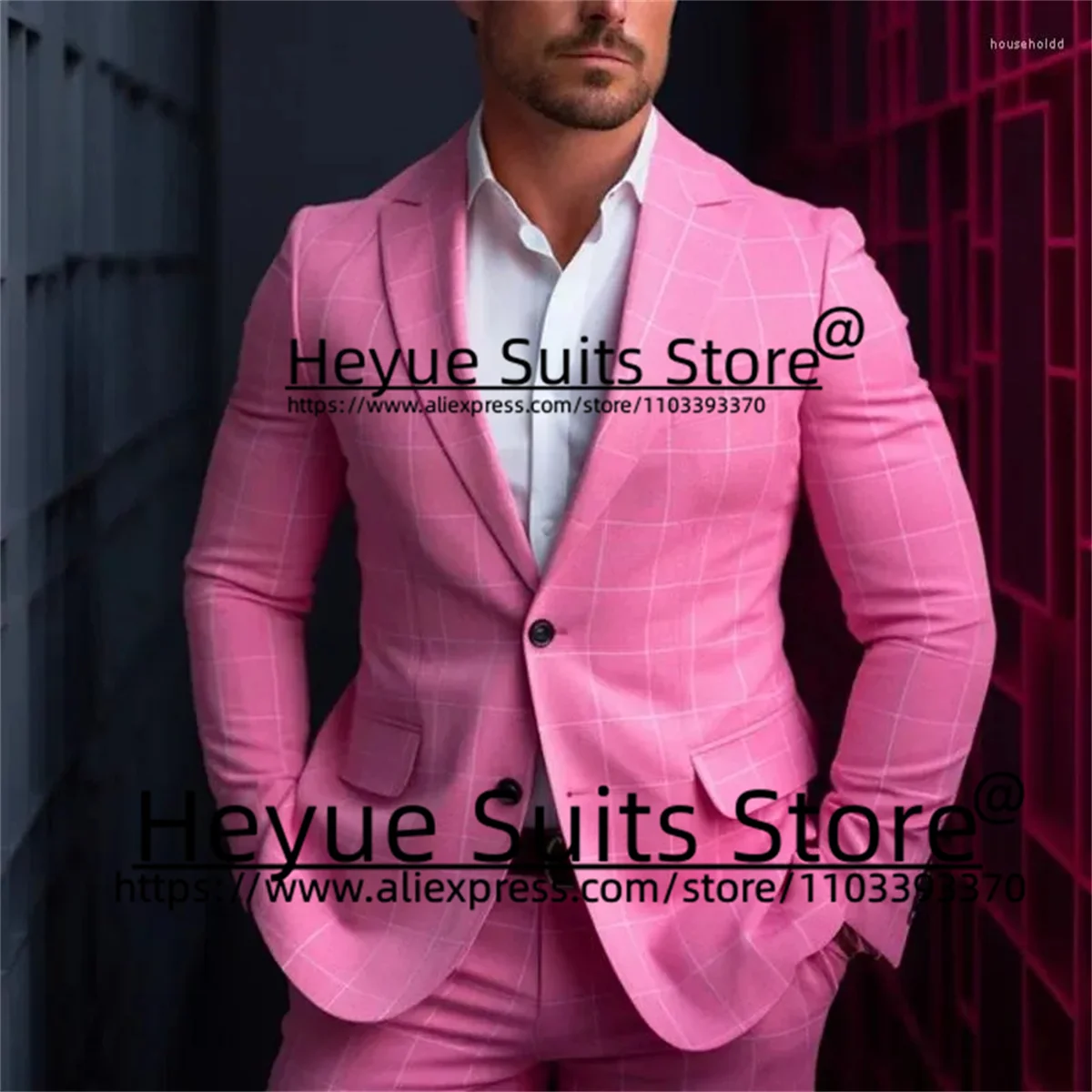 

Pink Fashion Plaid Men Suits Slim Fit Notched Lapel Groom Formal Tuxedos Prom 2 Pieces Sets Business Male Blazer Costume Homme