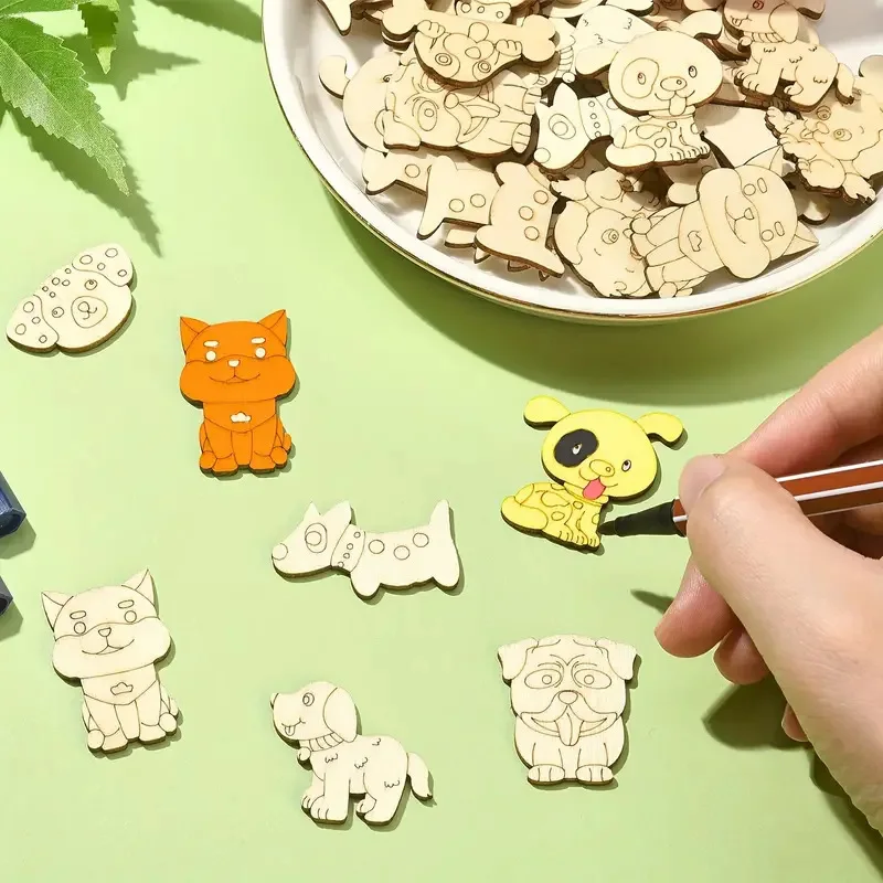 8Pcs/Set Carton Dogs Wooden Crafts Multi Type Dogs Ornament For Dog's Happy Birthday Party Decorations Kids DIY Painting Gifts