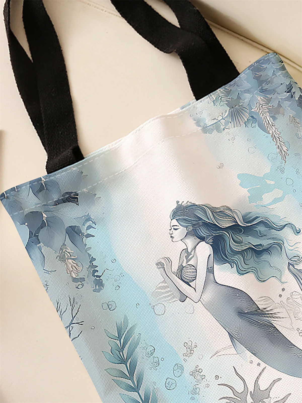 Mermaid pattern printed casual handbag, reusable fashionable backpack, multifunctional handbag, canvas shopping bag