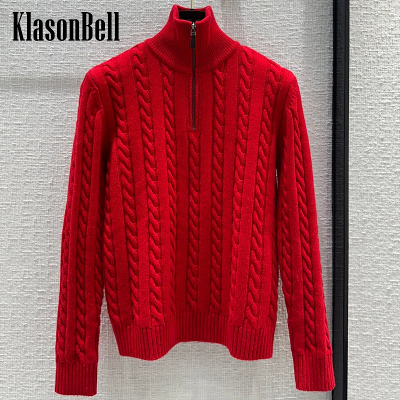 

12.21 KlasonBell Fashion Vintage Twist Flower Embroidery Knitwear Women's Half Zipper Stand Collar 100% Wool Knit Sweater