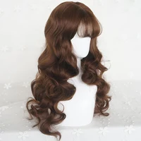 Perruque synthétique longue ondulée marron avec frange pour femmes, perruque de Cosplay Lolita moelleuse naturelle résistante à la chaleur pour fête quotidienne 3