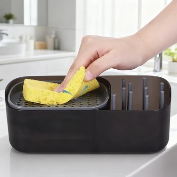 ที่จ่ายสบู่แบบ 2-in-1 สำหรับห้องครัวและห้องน้ำ พร้อมที่วางฟองน้ำ ชั้นวางของบนเคาน์เตอร์สำหรับสบู่ล้างจาน/แชมพู อุปกรณ์จัดระเบียบบ้าน 1