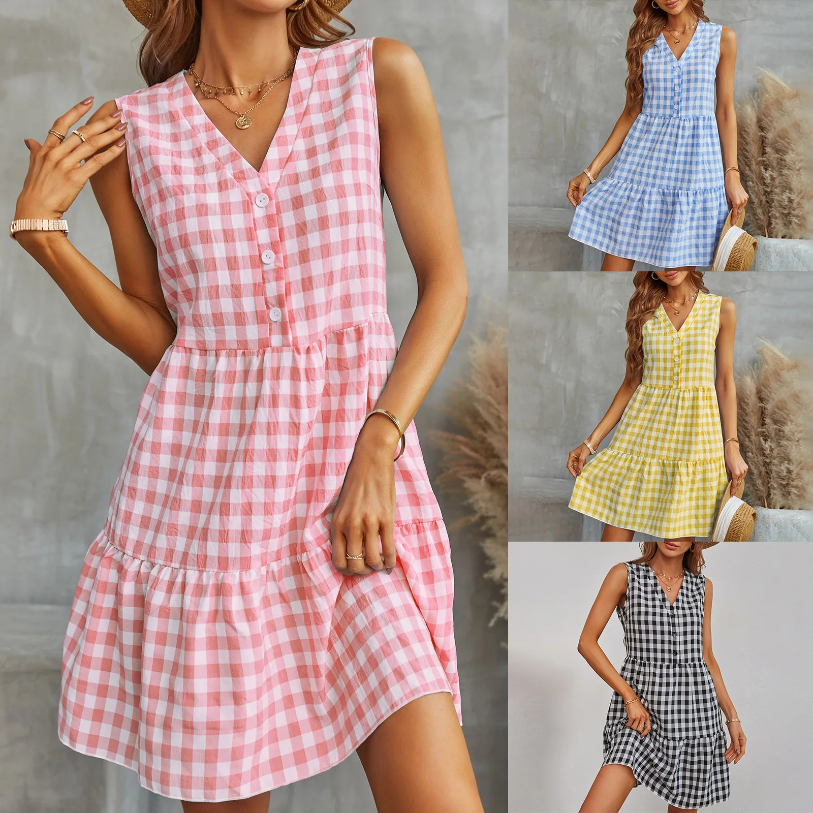 

Summer Gentle Sensual Dresses V Neck Single Breasted Plaid Knee Length Sleeveless Dress Mid Skirt Gentle Pastoral Seaside Beach