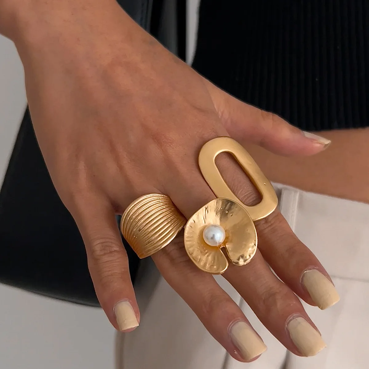 Women Men Irregular Chunky Big Geometric Gold Silver Color Rings Personality Elastic Rope Connection Finger Ring Accessories finger rings,fashion rings,punk rings