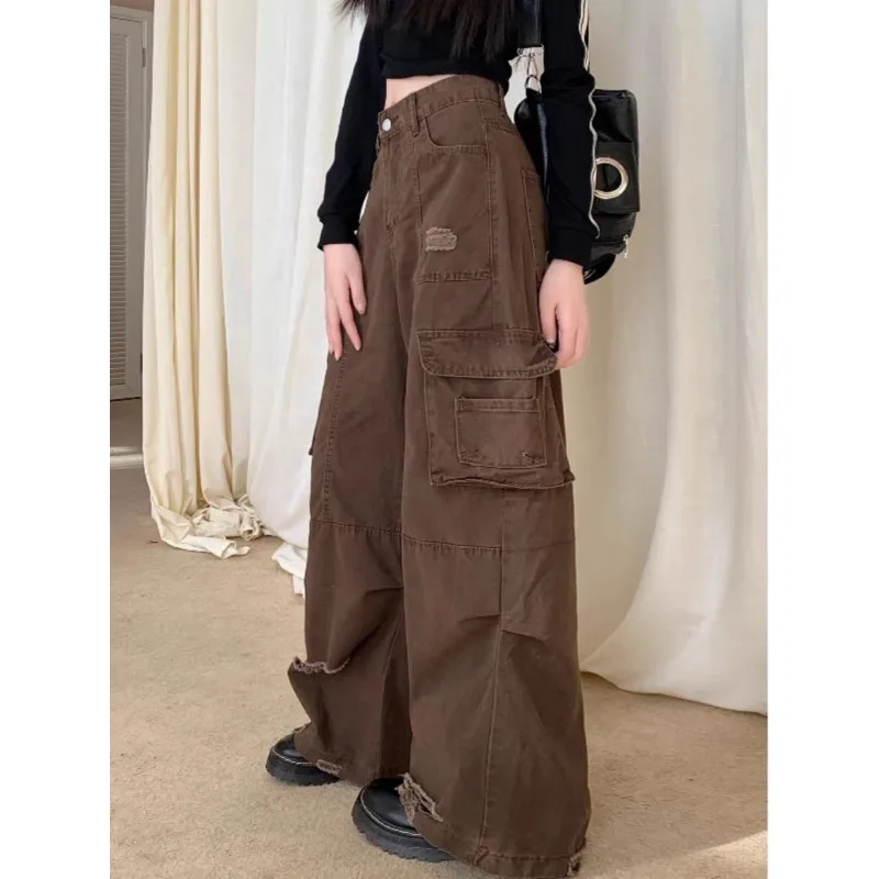 Deeptown Vintage Y2k Oversize Cargo Jeans Woman Harajuku Streetwear Wide Leg Trousers Hip Pop Spring Denim Pants Aesthetic Kpop