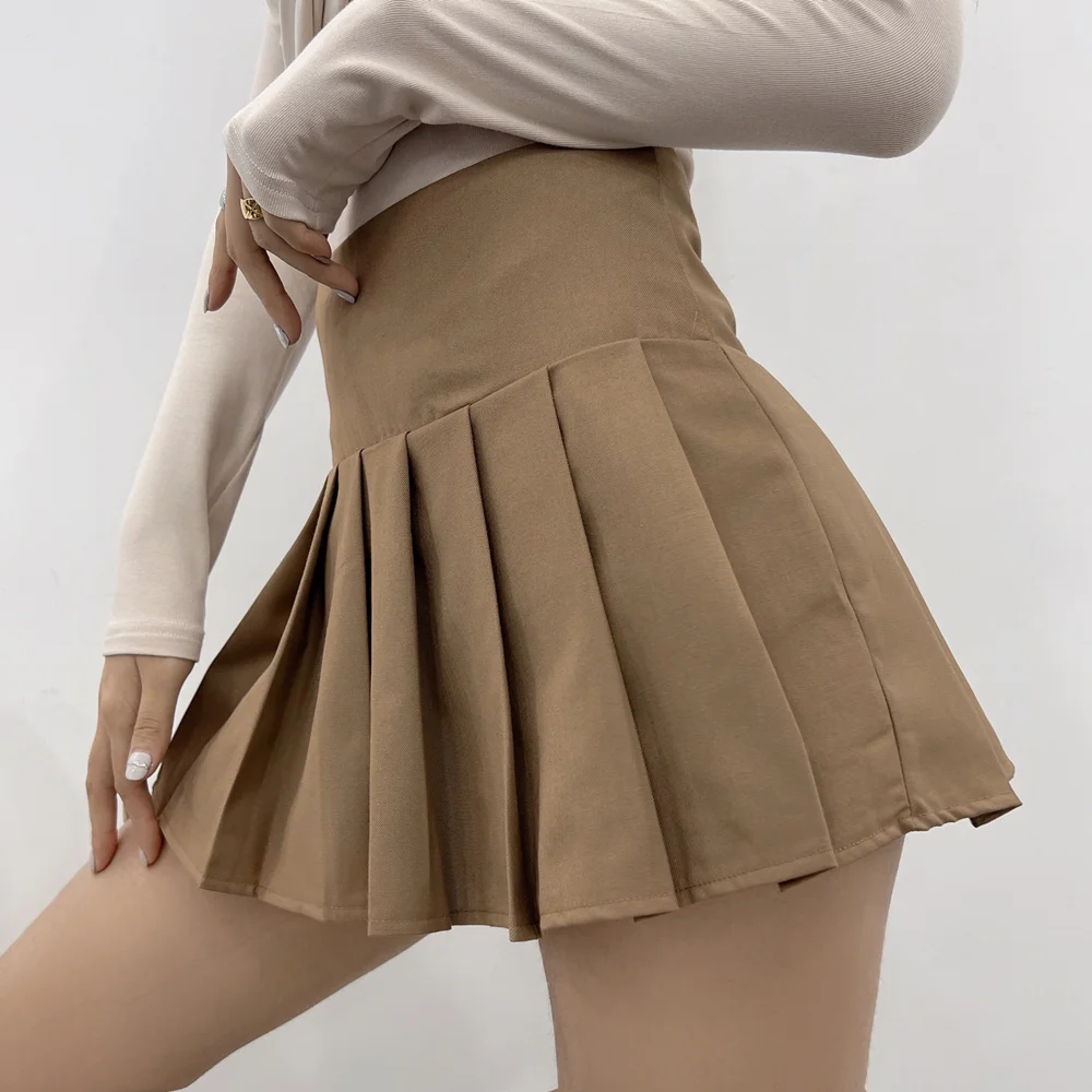 Summer new street style solid color high waist is thin and anti-glare pleated A-line skirt women's sexy all-match short skirt a line skirt