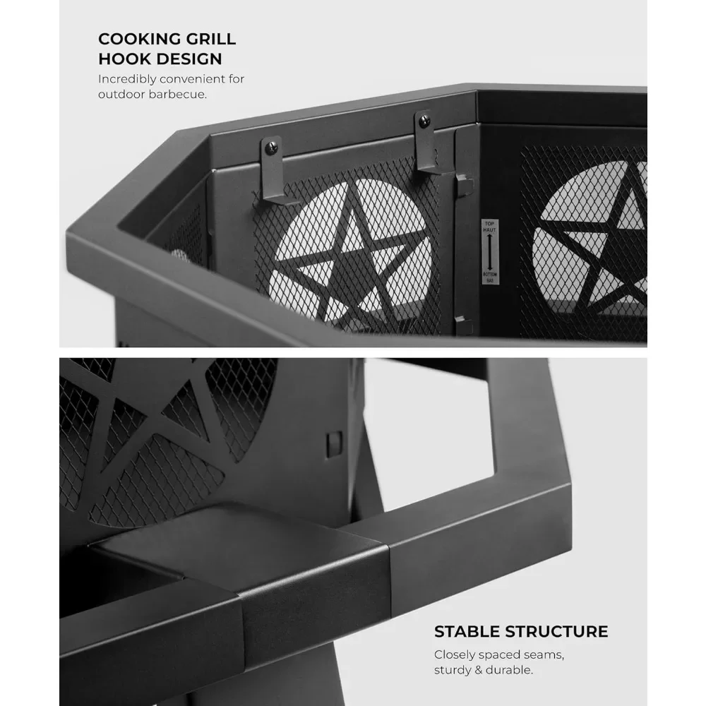 35 inch Fire Pit, Outdoor Fire Pit Wood Burning Pits with Cooking Grill, Large Firepits for Outside Octagonal Heavy Duty