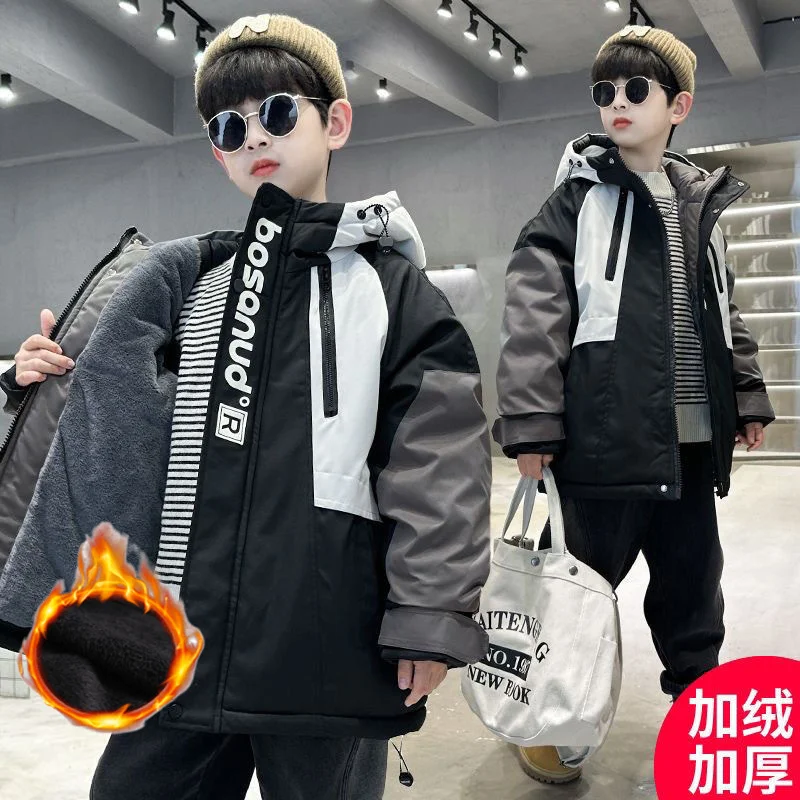 Boys Kids Jackets Teens Trench Coat Plus Velvet Thicken Overcoat Fleece Windproof Hooded Cotton Clothing Winter Warm