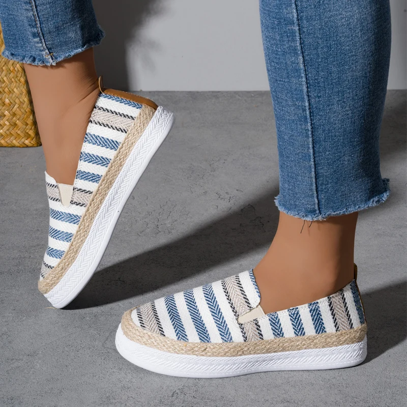 

Casual Stripe Canvas Shoes Woman Thick Sole Slip-on Espadrille Sneakers Ladies Sailor Style Vacation Linen Loafers