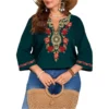 Women's Plus Size V-Neck Ethnic Print Three-Quarter Sleeve Shirt, Summer Bohemian Loose T-shirt Top, Casual Basic Tee