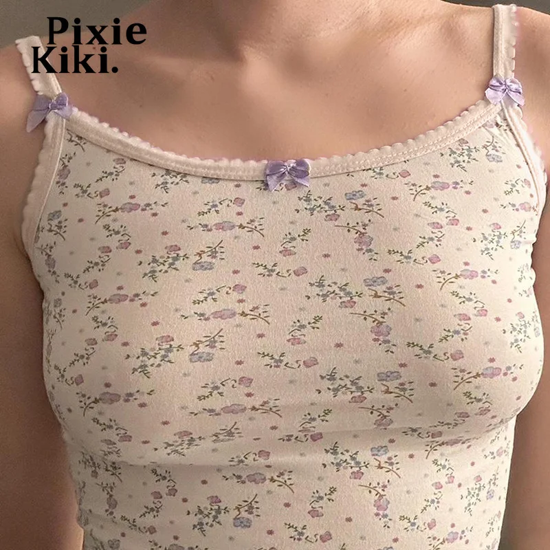 PixieKiki Cottagecore 꽃 프린트 캐미솔 Y2k 코케트 탱크 탑, 여성용 여름 옷, 2024 큐티코어 활 크롭 탑 P84-BZ10