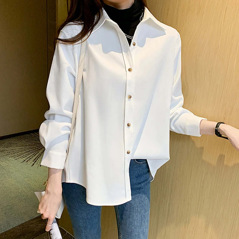 

Gidyq Весенняя женская Корейская рубашка, Повседневная модная однотонная белая женская Свободная одежда с длинным рукавом, элегантные офисные женские универсальные Топы