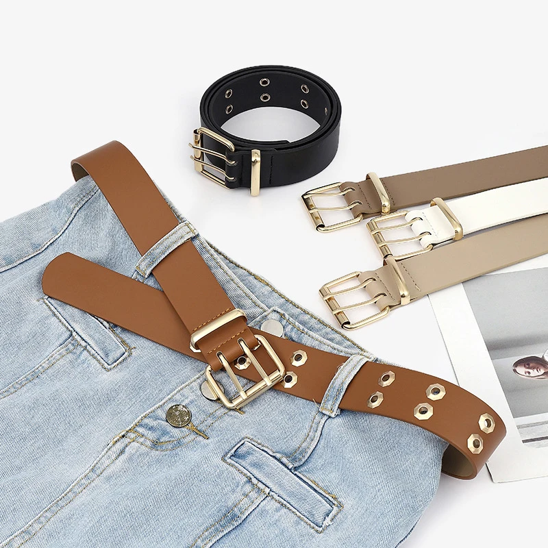 

New Star eye Rivet Belts For Women Punk Style Double Pin Buckle Women Men Waist Belt Goth PU leather Waistbands For Jeans Belt