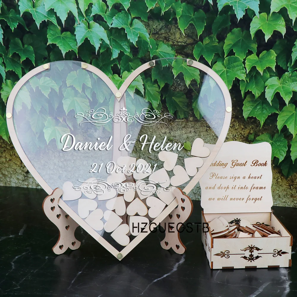 Hearts Unique Wedding Mr Mrs Guest Book Decoration Memory Guest Book Drop Box Signature Acrylic Alternative