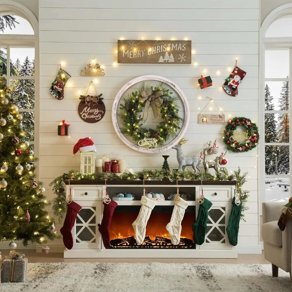 Farmhouse Fireplace TV Stand with 36" Electric Fireplace for 80 Inch TVs, 31" Tall Entertainment Center w/Drawer 2