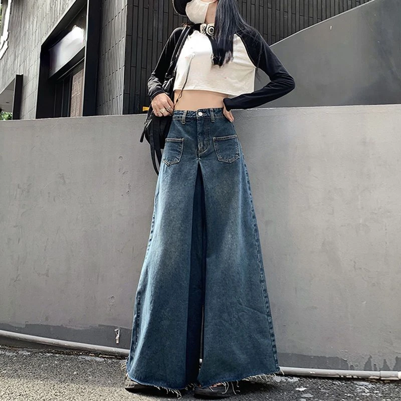 

Oversized Vintage High Waist Jeans High Street Loose Frayed Wide Leg Jeans Fashion Korean Casual Solid Color Straight Trousers