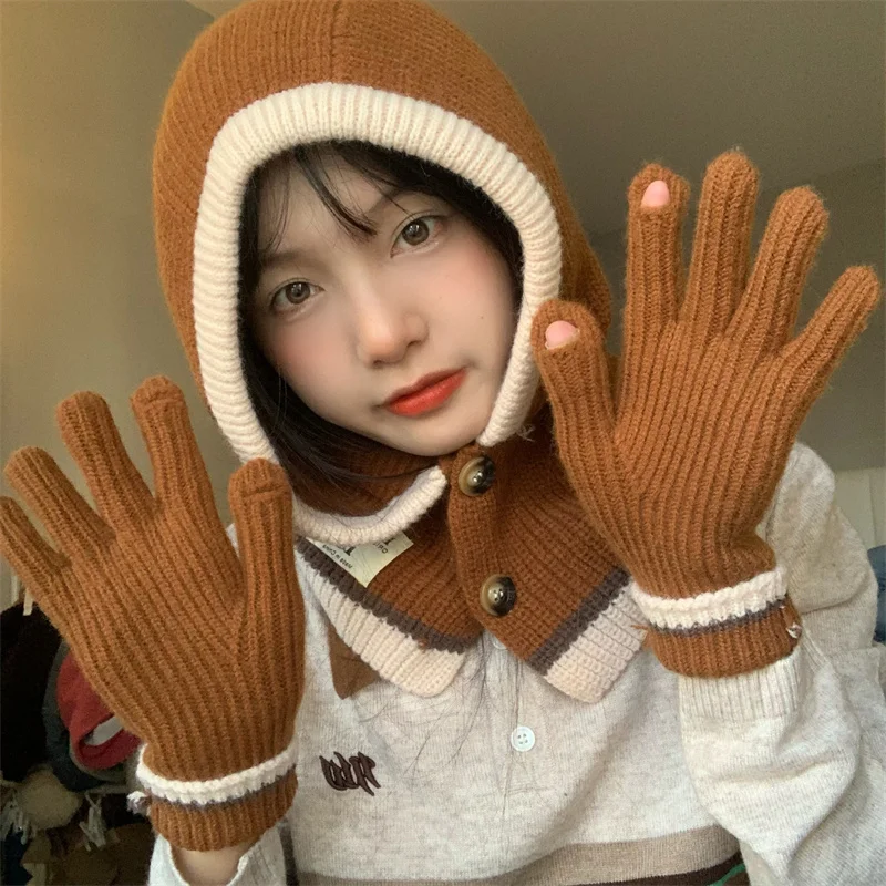 

New Color Blocking Balaclava Hat for Women Winter Versatile Bib Button Hat Gloves Two-piece Solid Color Knitted Women's Gloves