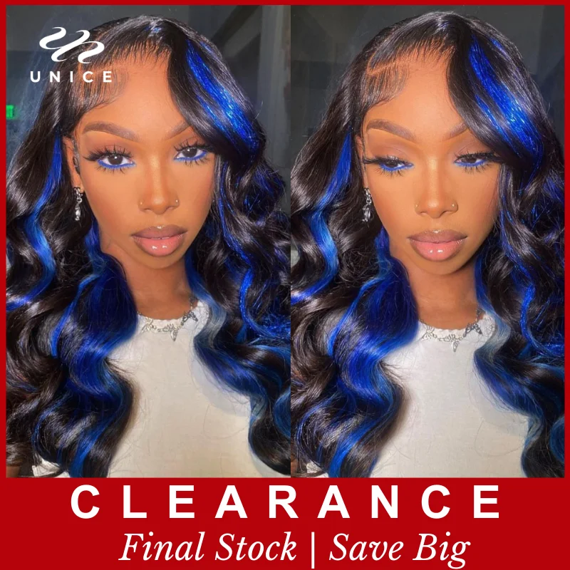 UniceHair13X4FrontalLaceWigBlackWithBlueStripeBodyWaveHair