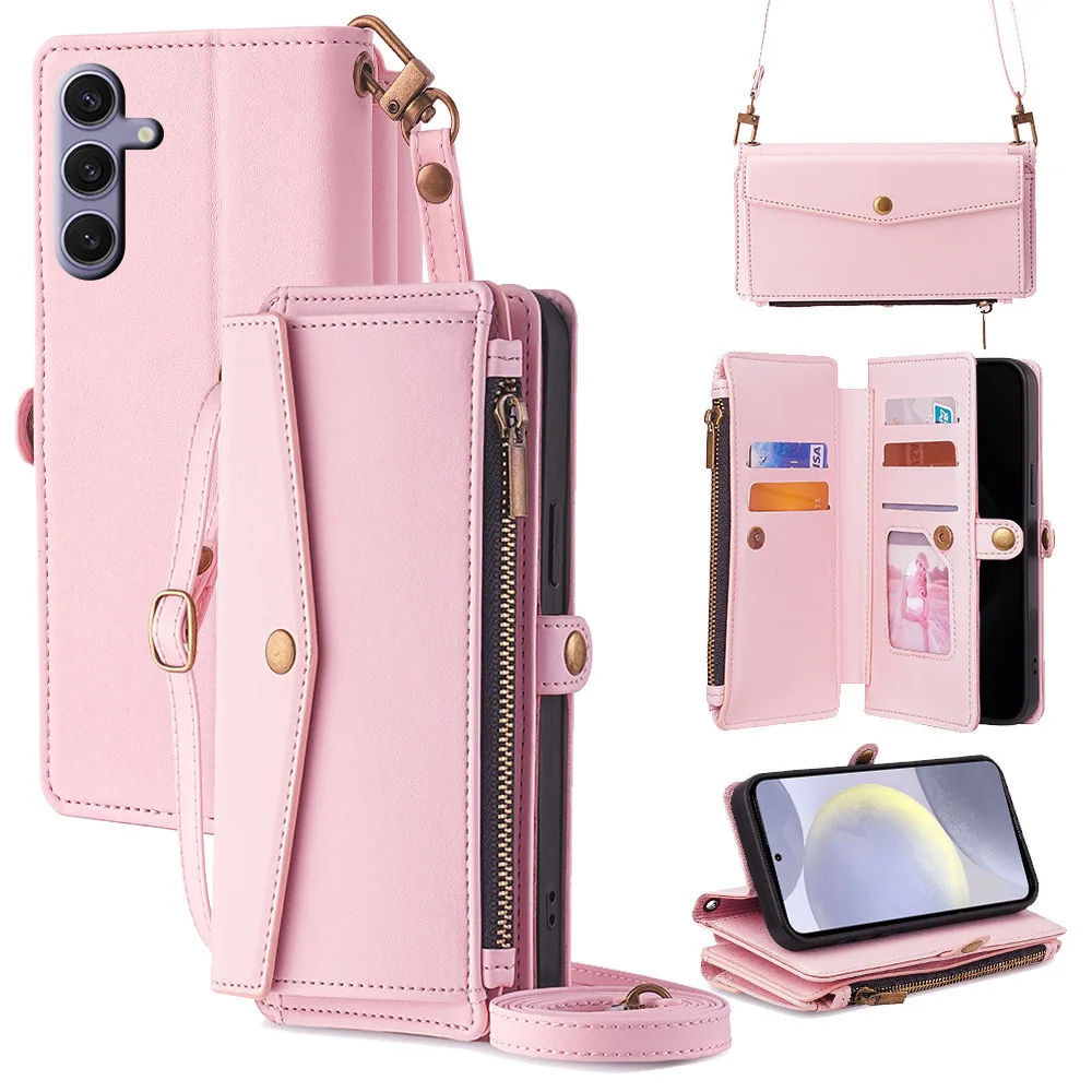 Versatile 6-Card Leather Wallet Case with Crossbody Strap and Wristlet