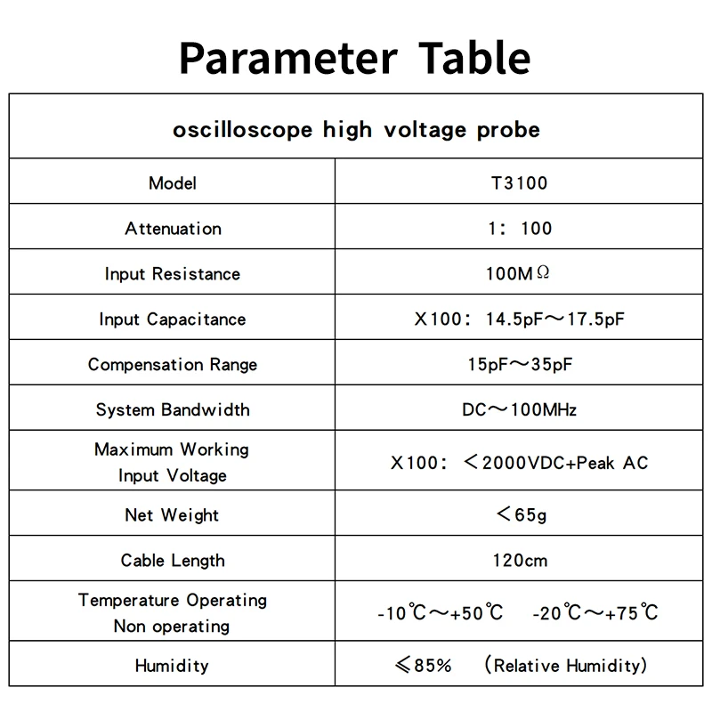 Hantek Attenuation 100X high voltage probe T3100 100Mhz MAX 2KV DC+AC suitable for BNC other brands of oscilloscopes