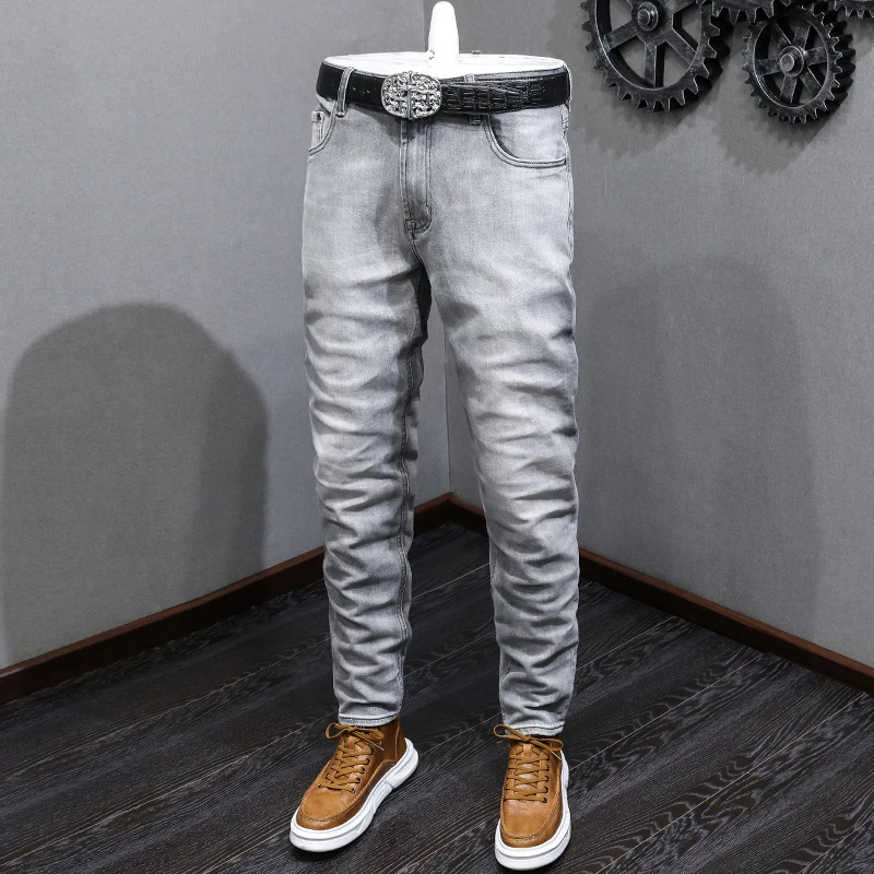 fashion designer men jeans retro gray blue elastic stretch slim fit ripped jeans men vintage trousers casual denim pants hombre Fashion Designer Men Jeans High Quality Retro Gray Elastic Slim Fit Ripped Jeans Men Vintage Trousers Casual Denim Pants Hombre