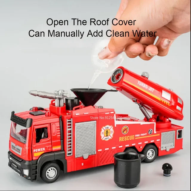 1:32 Scale Water Spray Fog Fire Truck Model Toy Car Sound Light Pull Back Doors Opened Vehicle Models Collection Children Gifts 3
