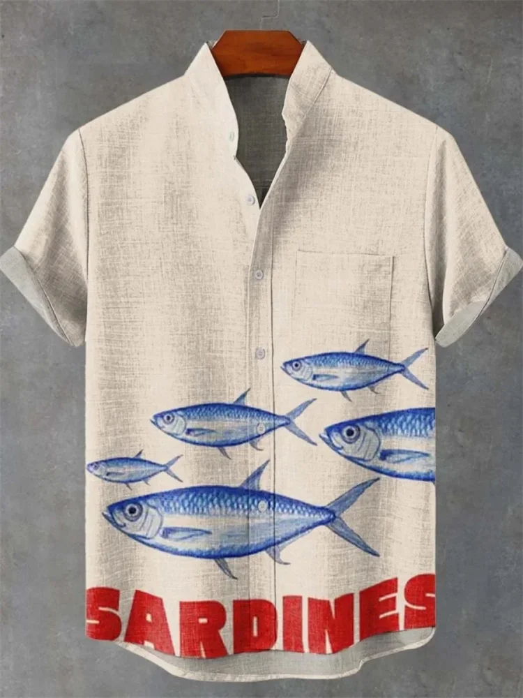 Chemise Homme Rétro Imprimé Poissons - Taille L, Manches Courtes, Neuve Avec étiquettes - Édition Limitée 2025