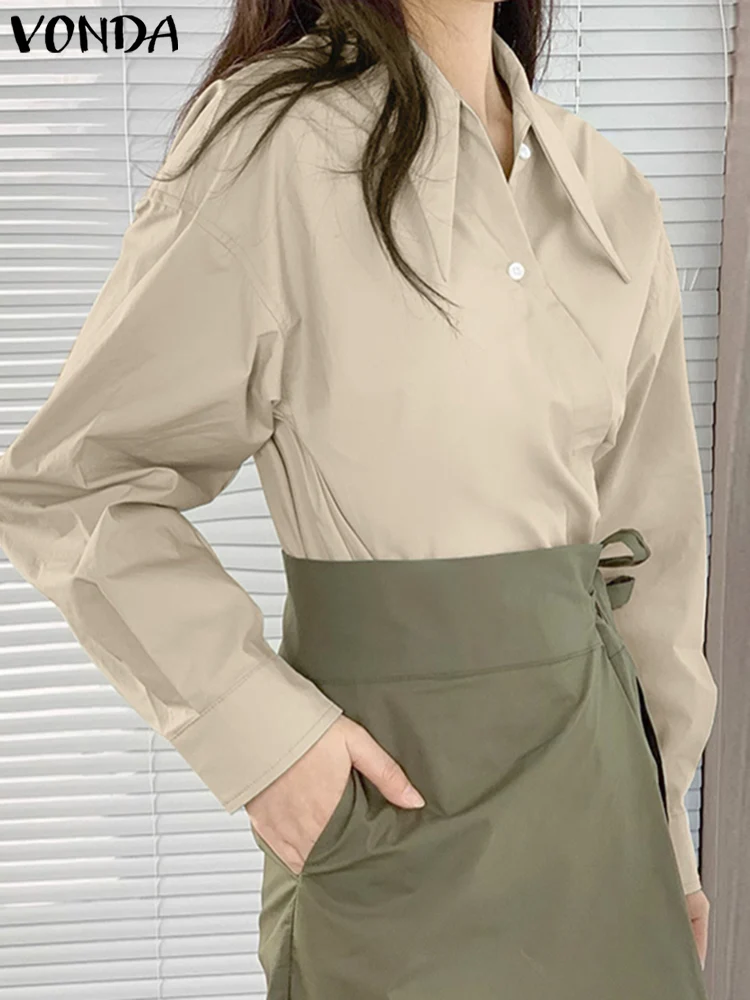

Элегантные офисные рубашки VONDA 2023, женская блузка с длинным рукавом, модная однотонная офисная туника с отложным воротником, осенние женские блузы