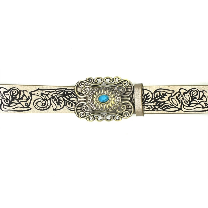 

652F Adult Waist Belt with Carved Turquoise Buckle Luxurious Embossed PU Waist Belt for Women Coat Dress Adjustable Length
