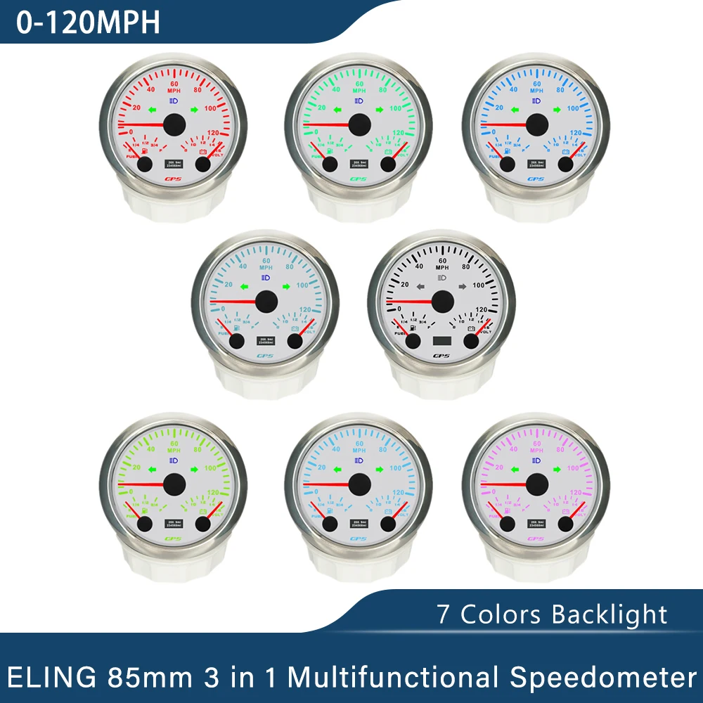Uniwersalny 85mm 3 w 1 wielofunkcyjny prędkościomierz GPS 120 km/h 200 mil na godzinę z woltomierzem poziomu paliwa 7 kolorów podświetlenia dla łodzi samochodowej
