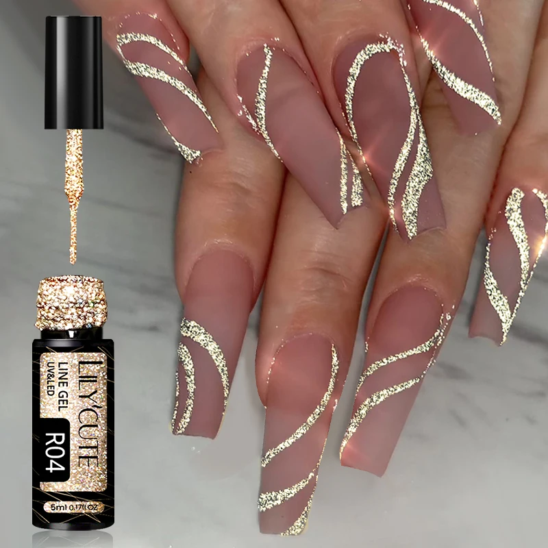 Lilycute 5Ml Champagne Goud Reflecterende Glitter Liner Gel Nagellak Heldere Sprankelende Franse Semi-Permanente Nagellak Uv-Gel