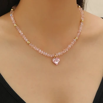 Fashion Y2K Zircon Heart Pendant Crystal Choker Necklaces for Women Sweet Cool Style Temperament Beaded Necklace Party Jewelry