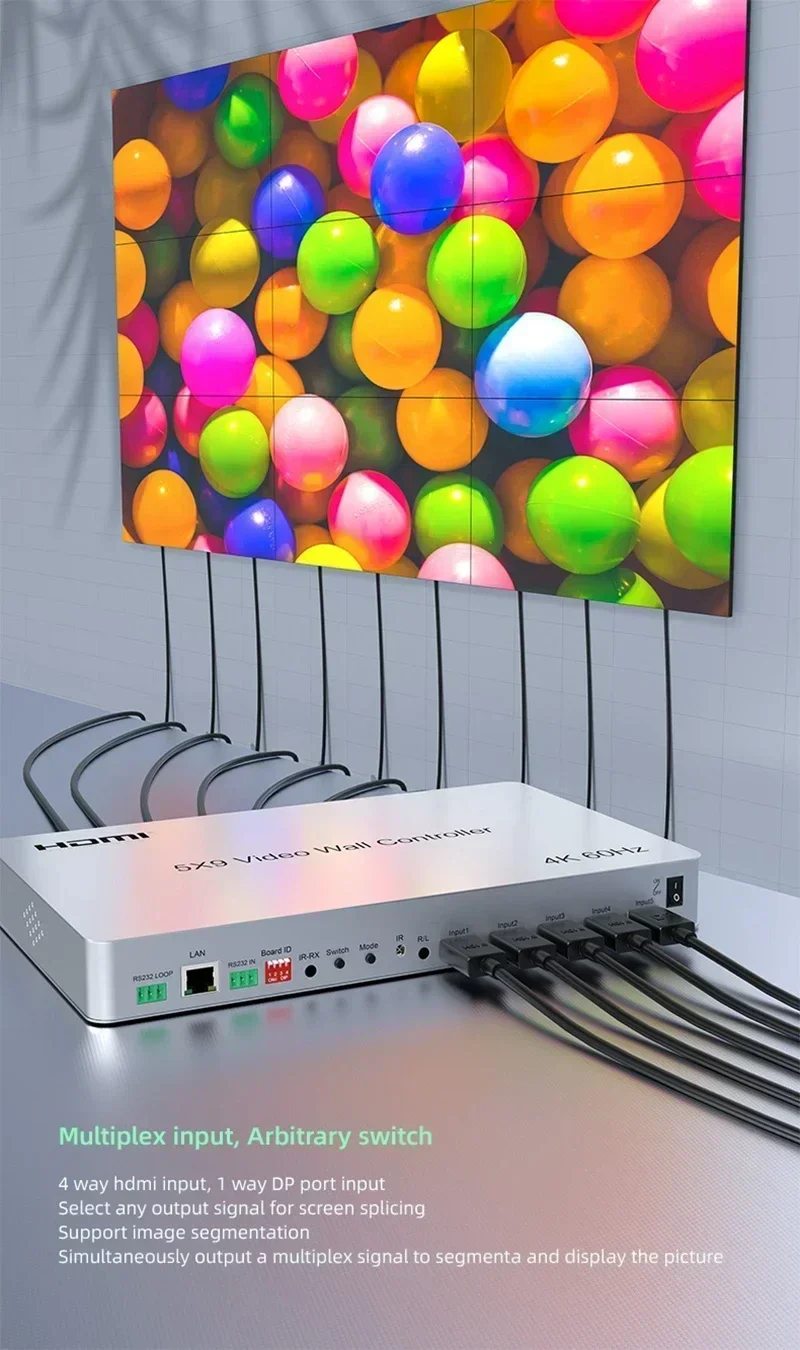 4K 60hz 5x9 HDMI 비디오 월 컨트롤러 2x2 3x3 9 가지 방법 TV 스플라이서 멀티 스크린 프로세서 수평 수직 스크린 접합 상자