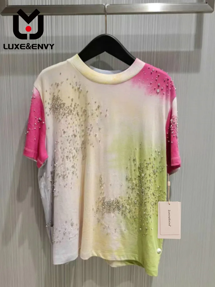 

LUXE&ENVY 2023 Summer New Design Sense Casual Half Sleeve Heavy Industry Diamond Tie Dyed Loose Short Sleeve T-shirt Women's Top